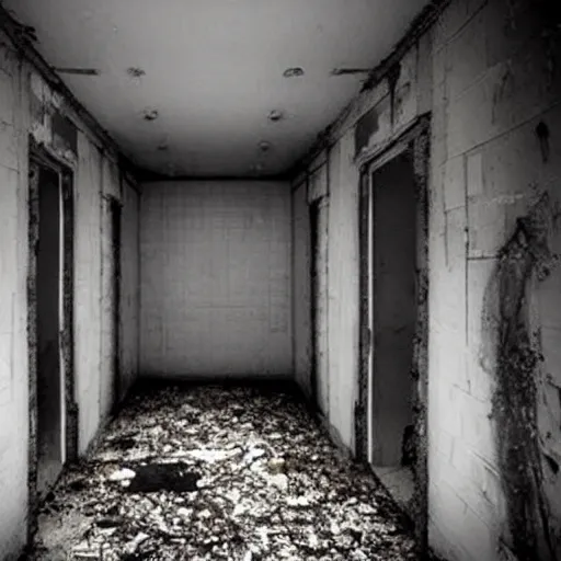 Prompt: eerie dark figure hidden in plain sight, abandoned hospital, creepy, scary