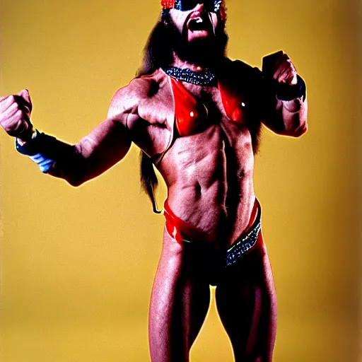 Image similar to uhd photorealisitc candid photo of macho man randy savage tearing a midget in half. blood and guts everywhere. correct coostume. correct face, accurate face. photo by annie leibowitz and steve mccurry