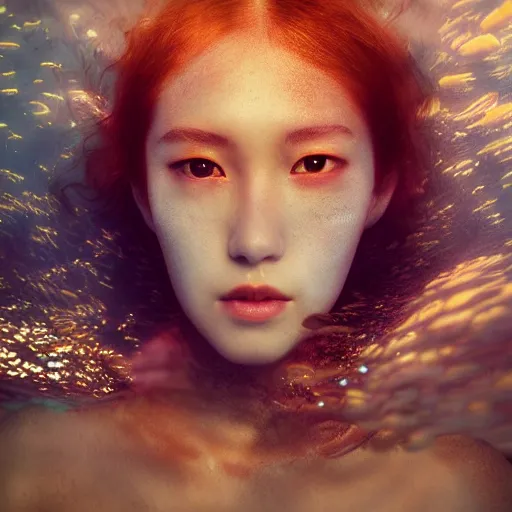 Image similar to A beautiful artistic underwater portrait by Zhang Jingna, volumetric lighting, golden light