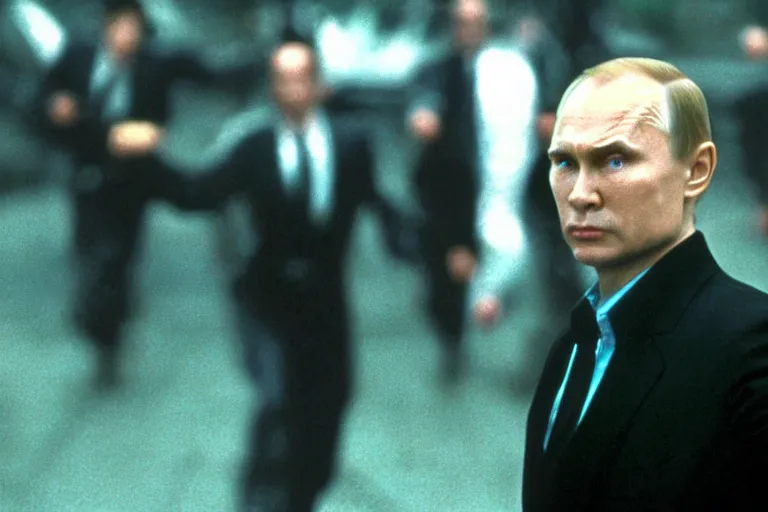 Prompt: film still of Vladimir Putin as agent Smith from the movie The Matrix (1999)