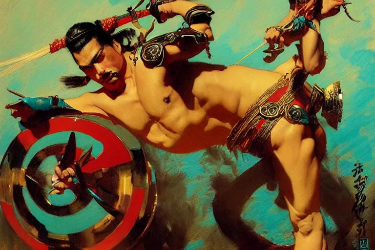 Image similar to turquoise samurai painting by gaston bussiere, craig mullins, j. c. leyendecker, tom of finland,