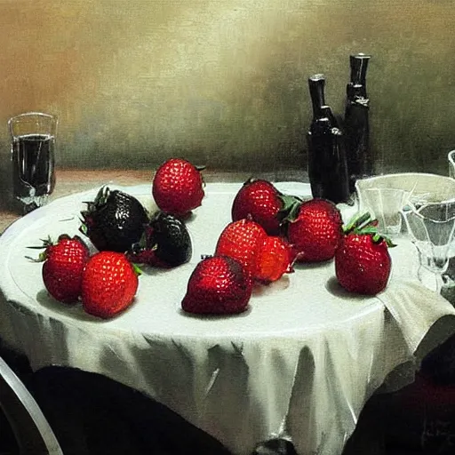 Image similar to table with very very very very black colored strawberries, #black strawberry fruit, ?black strawberry, !black strawberries, •black strawberries, extremely black strawberries, the strawberries are black, painted by rossdraws, greg rutkowski, thomas kindkade