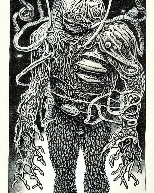 Prompt: a micronaut pharoid, full body, pen - and - ink illustration, etching, by russ nicholson, david a trampier, larry elmore, 1 9 8 1, hq scan, intricate details, monster manula, fiend folio