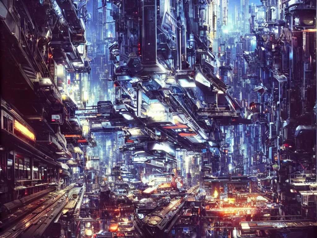 Prompt: hyperrealistic painting of a slice of life from a futuristic city, mechanical designs, night, technological, cinematic, meticulous engineering, highly detailed!, realism, acrylic on canvas, 8 k resolution, concept art, by noriyoshi ohrai, john berkey, trending on artstation