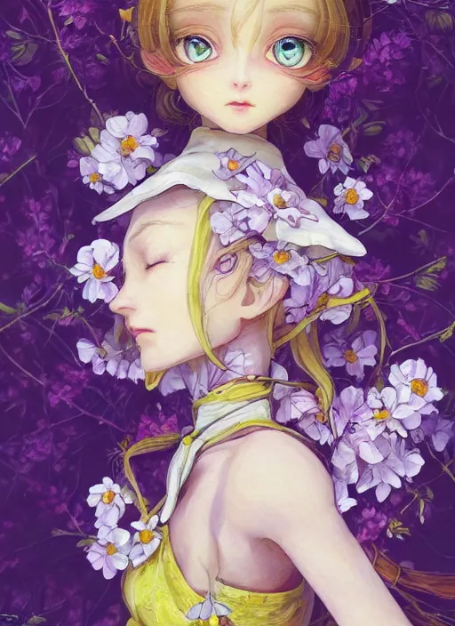 Image similar to elf girl, flower suit, soft hair. light color palate, purple, yellow and white. detailed soft painting, ayami kojima, made in abyss, anatomically correct, ilya kuvshinov, inspired in balthus, high detailed face anime, vogue magazine, glorious composition, mobile wallpaper