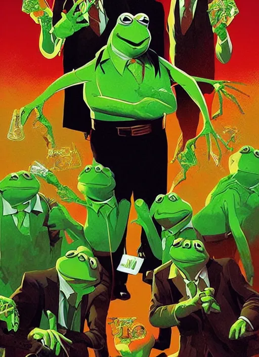 Image similar to poster artwork by Michael Whelan and Tomer Hanuka, Karol Bak of portrait of Kermit the Frog, from scene from Reservoir Dogs, clean