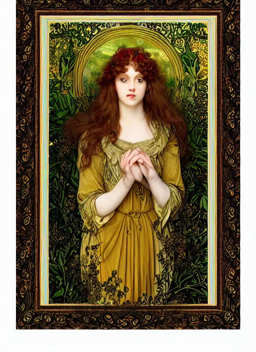 Image similar to masterpiece beautiful seductive flowing curves preraphaelite face portrait photography, ophelia extreme close up shot, straight bangs, thick set features, yellow ochre ornate medieval dress, amongst foliage mushroom forest circle arch, william morris and kilian eng and mucha, framed, 4 k