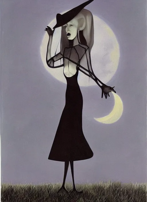 Prompt: surrealism, low polygon, a dark witch in front of the full big moon, painting by abercrombie, gertrude