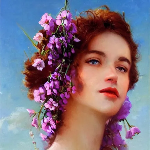 Image similar to a portrait of a romantic woman with flowers grow out of hair, roses peonies forget-me-nots dahlias lupins gladioli, sky theme in background, by Alexandr Averin, Digital Art, Trending on artstation