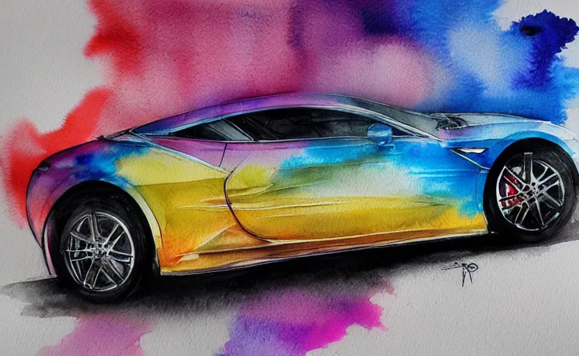 Image similar to colorful watercolor sketch of a sport car, highly detailded