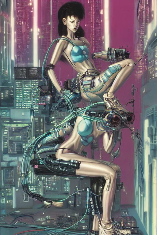 Image similar to a detailed airbrush cyberpunk illustration of a female android seated on the floor in a tech labor, seen from the side with her body open showing cables and wires coming out, by masamune shirow, hajime sorayama, boris vallejo and katsuhiro otomo, japan, 1980s, dark, colorful