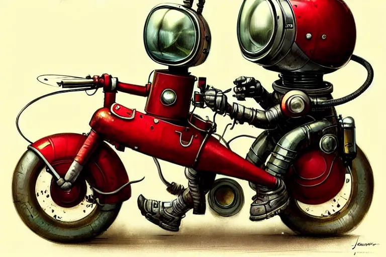 Image similar to adventurer ( ( ( ( ( 1 9 5 0 s retro future robot android mouse riding a motorcycle. muted colors. ) ) ) ) ) by jean baptiste monge!!!!!!!!!!!!!!!!!!!!!!!!! chrome red