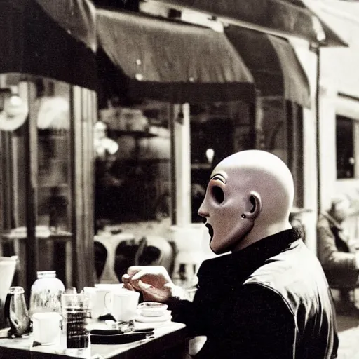 Image similar to photograph of jason voorhees having a coffee at an european caffé, light and cheerful photograph, nostalgic look