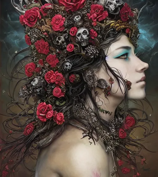 Image similar to portrait of the supreme queen of the blood cult, surrounded by skulls and overgrowth and dark flowers by karol bak, Akihiko Yoshida, Yoshitaka Amano,Marc Simonetti, WLOP, James Jean!, tom bagshaw, rococo, trending on artstation, fantasy magic fashion queen, glossy eyes, face, elegant, highly detailed, digital painting, concept art, smooth, sharp focus, illustration, cinematic lighting, hyper realism, octane render, 8k, hyper detailed.