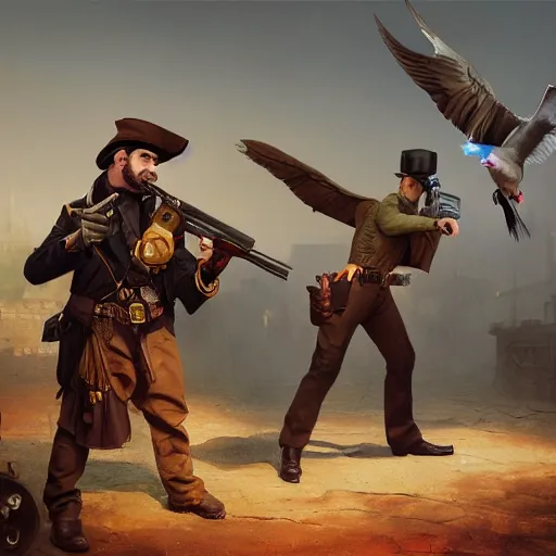 Image similar to oil painting of two pigeons holding guns, berets, medium shot, steampunk clothes, steampunk city background, sharp focus, fantasy style, octane render, volumetric lighting, 8k high definition, by greg rutkowski and james gilleard, highly detailed, trending on artStation, explosions, magic the gathering artwork, centered, 8k, hd