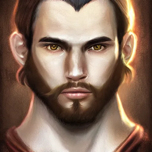 Prompt: realistic portrait, 25 years old man :: athletic fantasy mage :: green eyes, long brown hair :: wearing a brown robe :: high detail, digital art, RPG, concept art, illustration