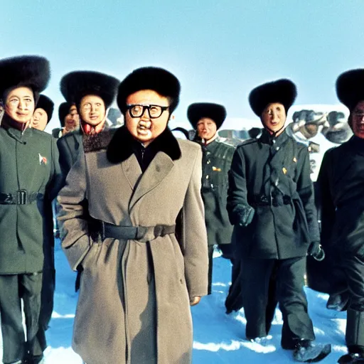 Image similar to filmstill of Kim Jong-il wearing a furry chapka and playing the role of Omar Sharif in Doctor Zhivago by David Lean, 1965, cinemascope, Eastman Color Negative 50T 5251 Neg. Film, epic romance