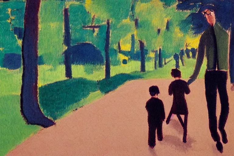 Image similar to a very tall man named John with dark hair holding the hands of a short young boy named Alex with dark hair as they walk down a suburban highway on a bright beautiful colorful day. part in the style of an edgar degas painting. part in the style of david hockney