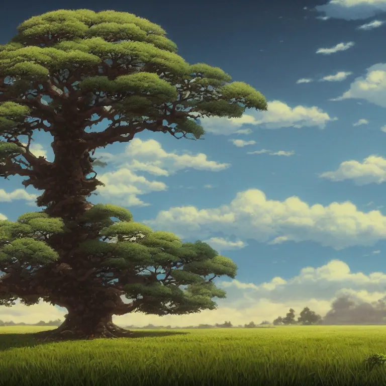 Image similar to a giant tree in a field with a sky background, a detailed matte painting by kaii higashiyama, cgsociety, sosaku - hanga, matte painting, anime, concept art