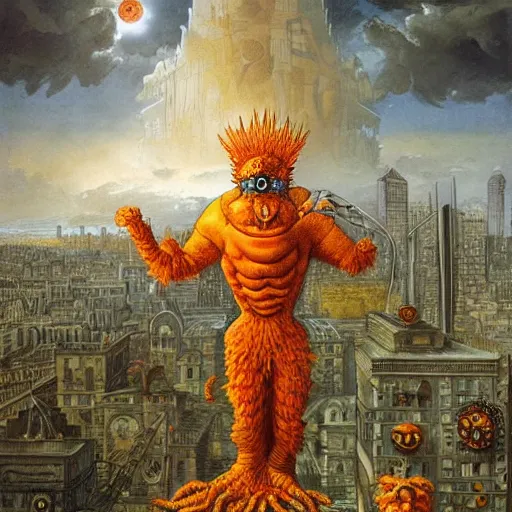 Prompt: A beautiful illustration of a large, orange monster looming over a cityscape. The monster has several eyes and mouths, and its body is covered in spikes. It seems to be coming towards the viewer, who is looking up at it in fear. clockpunk by Anne-Louis Girodet colorful