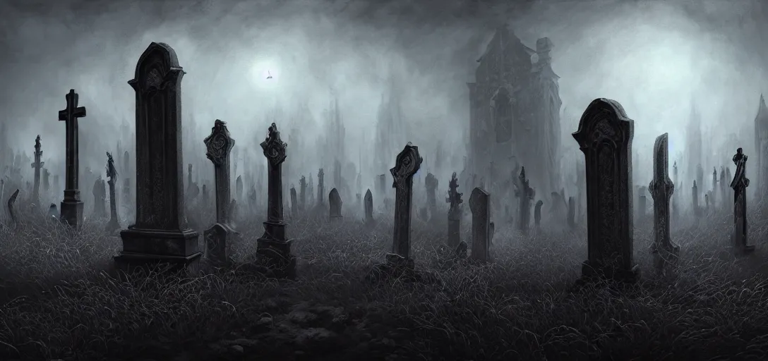 Image similar to A dark and haunted graveyard with Evil ghost spirits raoming in the style of Keith Thompson, christopher bretz and kael ngu and Zdzislaw Beksinski, Artstation HD, 8k, Surrealistic digital artwork, highly detailed, digital painting, HDRI, vivid colors, high contrast, 8k resolution, intricate, photorealistic, smooth