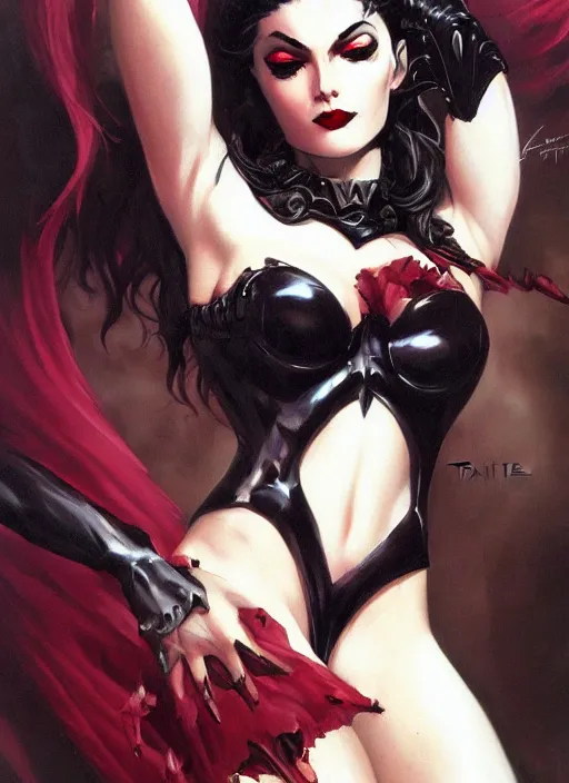 Image similar to portrait of a beautiful vampire lady, armor plating, painted by frank frazetta and artgerm