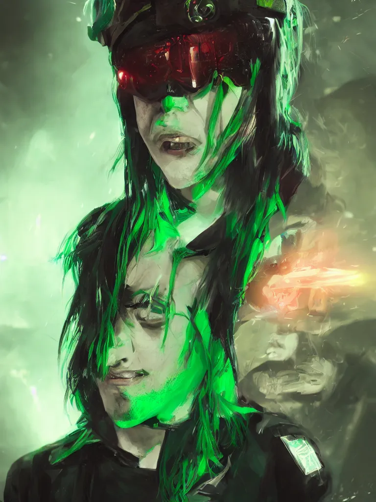 Image similar to a portrait of a boy with green hair and two devil horns and an eye patch, cyberpunk style, digital painting, concept art, smooth, sharp focus, hyperrealistic, illustration, artstation trending, octane render, unreal engine, ambient light, dynamic lighting, magical, dark vibes, Cyberpunk 2077