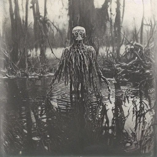 Image similar to creepy lovecraftian monster in swamp, 1 9 1 0 polaroid photo