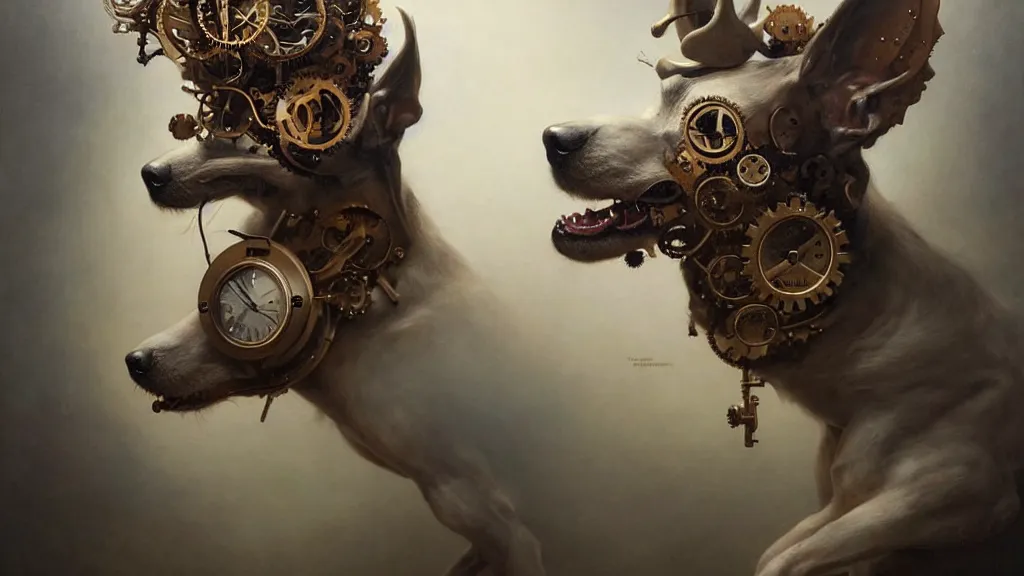 Prompt: a clockwork dog contemplating its owner, in the style of peter mohrbacher by weta digital and beth cavener, masterpiece, award winning, high face symmetry, intricatein the style of peter mohrbacher by weta digital and beth cavener, masterpiece, award winning, high face symmetry, intricate