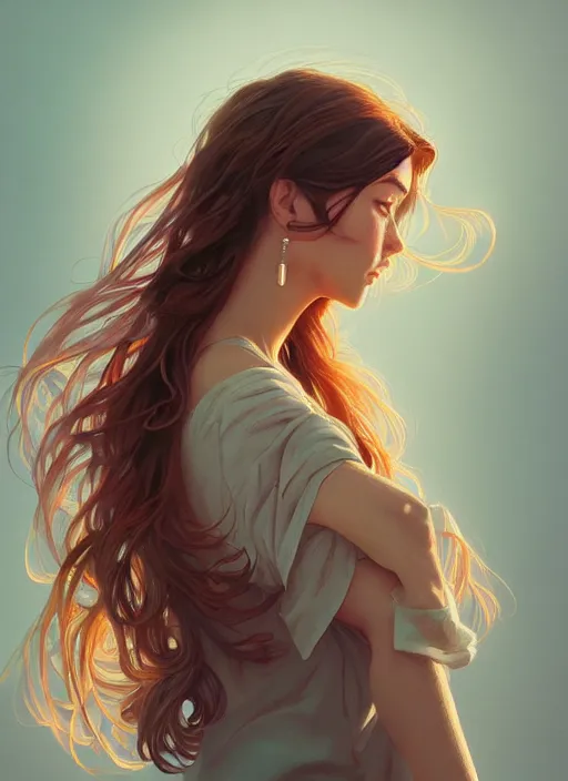 Image similar to handsome young women with shoulder length brown hair, half body shot, path traced, highly detailed, high quality, digital painting, alena aenami, lilia alvarado, shinji aramaki, karol bak, alphonse mucha, tom bagshaw