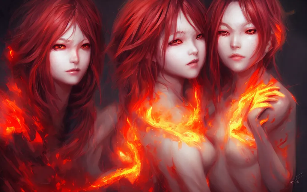 Image similar to A realistic anime portrait of a beautiful fire spirit twins with glowing red eyes and firey skin wearing clothes made of flames, digital painting, by Stanley Artgerm Lau, Sakimichan, WLOP and Rossdraws, digtial painting, trending on ArtStation, SFW version