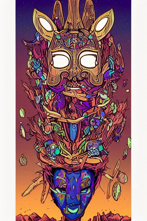 Image similar to animal mask totem roots flower tribal feather gemstone plant wood rock shaman vodoo video game vector cutout illustration vivid multicolor borderlands comics by josan gonzales and dan mumford radiating a glowing aura