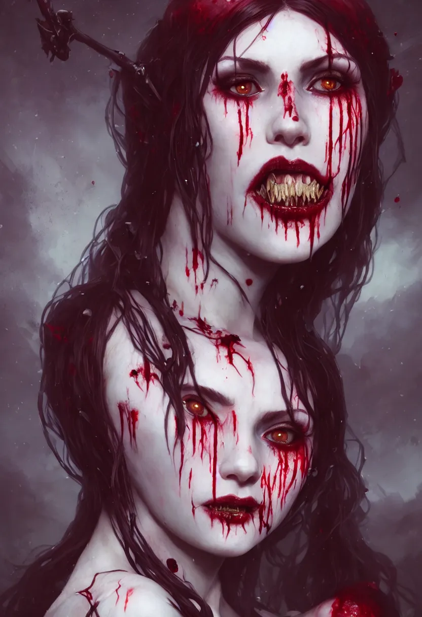 Image similar to beautiful, very extreme closeup portrait, bloody, vampire girl, extreme blood, vampire fangs, medieval dress. witch, makeup. unreal engine, greg rutkowski, loish, rhads, beeple, tom bagshaw, alphonse mucha, global illumination, detailed and intricate environment