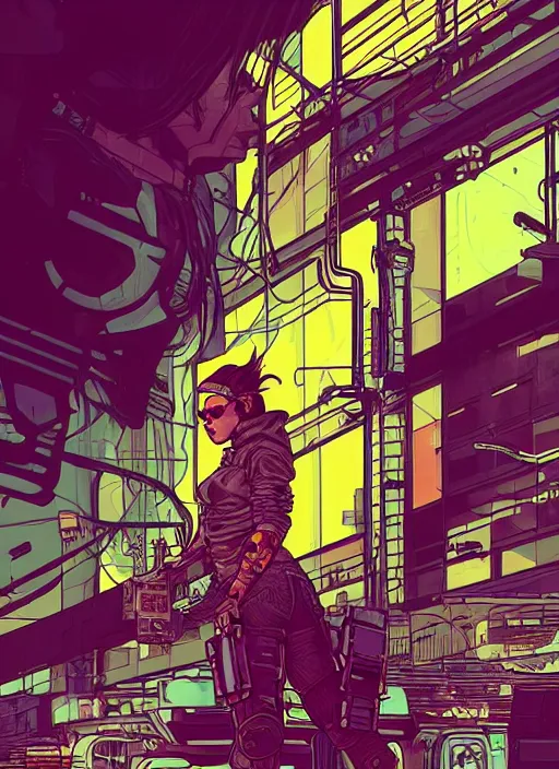 Prompt: cyberpunk cartel goon with scenic background. portrait illustration, pop art, art by ashley wood, alphonse mucha, laurie greasley and josan gonzalez. cinematic. dynamic lighting. realistic proportions. creative design. cell shading