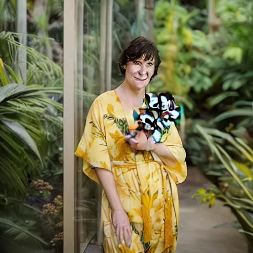 Image similar to Medium format portrait of a beautiful woman wearing a yellow kimono in a tropical greenhouse, she has a very detailed barn owl on her shoulder, ,graflex, 85mm f1.8, bokeh