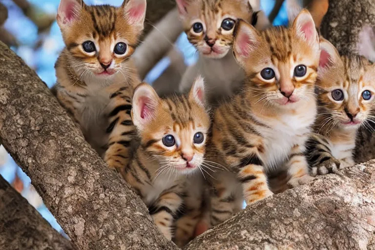 Image similar to bengal kittens that are in a tree and the kittens are looking directly into the camera