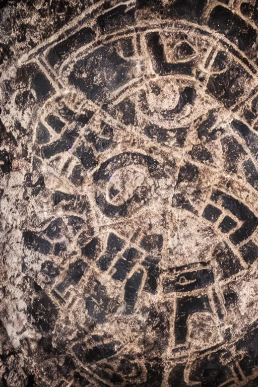 Image similar to 4 k photography of petroglyphs representing crosses, ufo, yin yang symbol on a cave