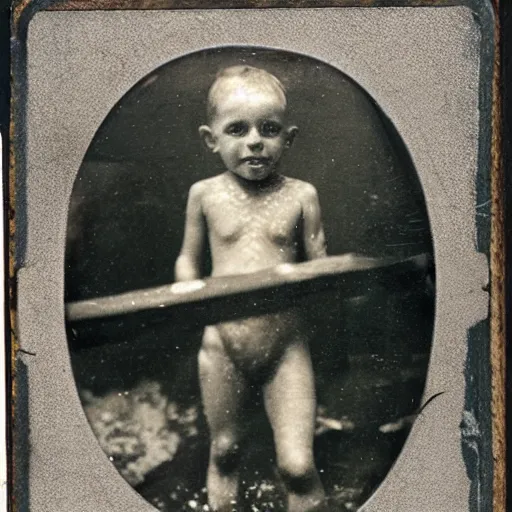 Image similar to tintype photo, swimming deep underwater, kid with huge crab