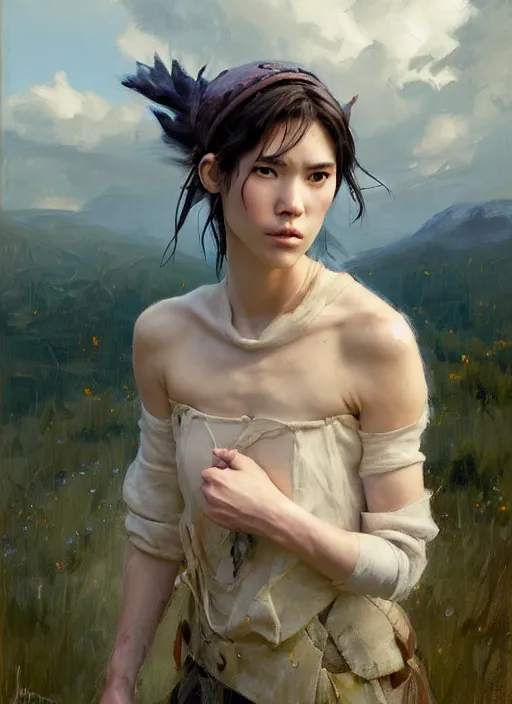 Image similar to portrait of Princess Mononoke, countryside near forest, calm, fantasy character portrait, dynamic pose, above view, sunny day, thunder clouds in the sky, artwork by Jeremy Lipkin and Giuseppe Dangelico Pino and Michael Garmash and Rob Rey, very coherent asymmetrical artwork, sharp edges, perfect face, simple form, 100mm