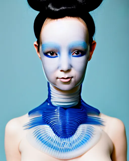 Image similar to symmetrical portrait of a woman wearing a embroidered translucent silicone beauty mask and deep blue hair buns, wearing a black bodysuit by alexander mcqueen, cream white background, soft diffused light, biotechnology, humanoide robot, bjork aesthetic, translucent, by rineke dijkstra, intricate details, highly detailed, masterpiece,