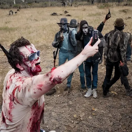 Image similar to a man taking a selfie in a zombie apocalypse