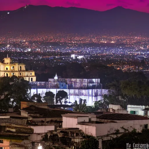 Image similar to a cyberpunk antigua guatemala at night from the distance