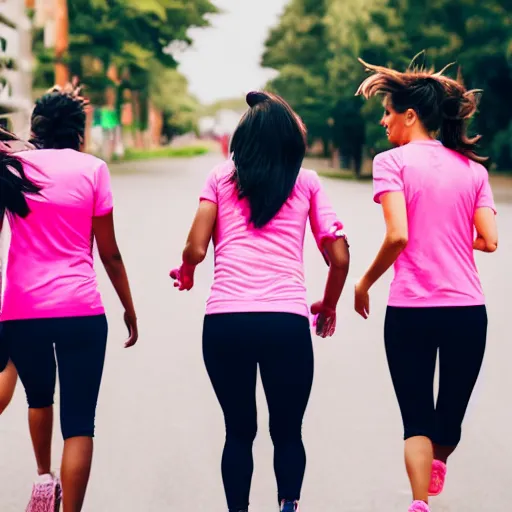 Image similar to group of woman running with pink t-shirts view from behind, front lit, cinematic, epic, 50mm