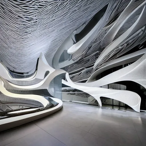 Image similar to extremely detailed ornate stunning beautiful elegant futuristic museum lobby interior by Zaha Hadid