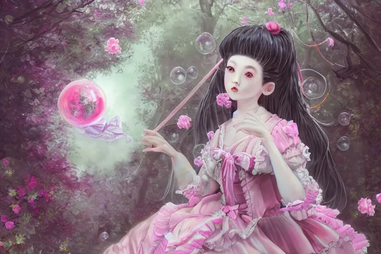 Prompt: creepy portrait of magical lolita girl in a Japanese garden, dreamy and ethereal, expressive pose, big pink eyes, peaceful expression, ornate frilly dress, fantasy, intricate, elegant, many rainbow bubbles, rose tones, dynamic lighting, highly detailed, 8k, digital painting, artstation, concept art, smooth, sharp focus, illustration, art by artgerm and greg rutkowski and alphonse mucha