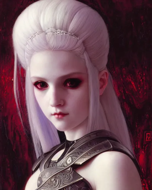 Image similar to portrait of beautiful cute young goth maiden girl with white hair in warhammer armor, red lighting, art by ( ( ( kuvshinov ilya ) ) ) and wayne barlowe and gustav klimt and artgerm and wlop and william - adolphe bouguereau