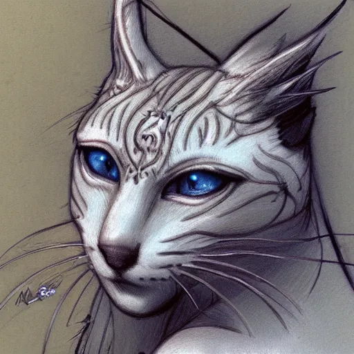 Image similar to sketch of white anthropomorphic lynx cat, portrait by Carlos Shwabe, furry fantasy art, 4k, trending on artstation