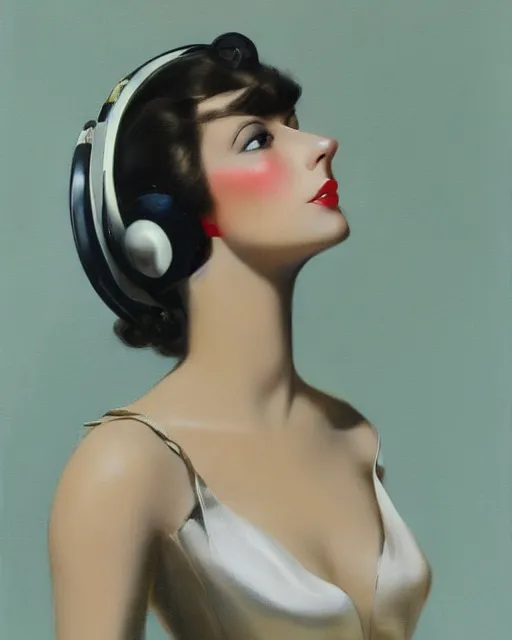 Prompt: young beautiful woman in office wearing headset by Rolf Armstrong