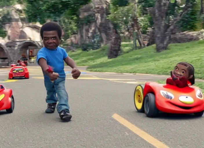 Image similar to peter dinklage racing gary coleman driving a little tikes cars, movie still, from the new fast and furious movie, 8 k, realistic