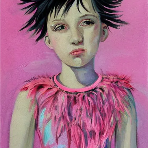 Image similar to little girl with an pink bizarre haircut wearing an dress made of black feathers, artwork made in art style ilya kushinov